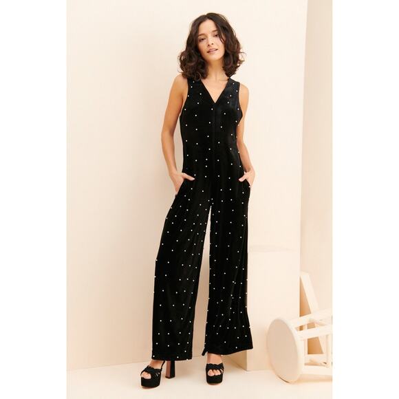 Eva Franco Pants - Eva Franco Sz 10 Black Velvet Pearl Embellished Wide Leg V-Neck Party Jumpsuit